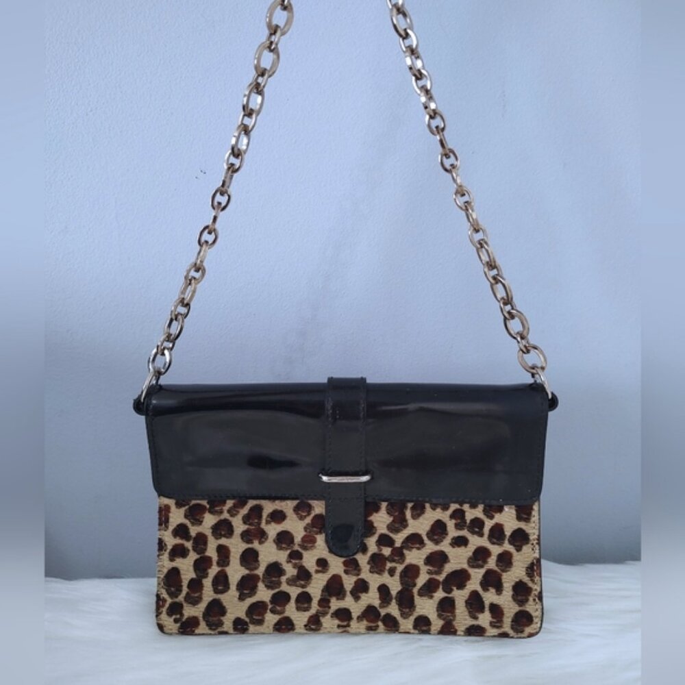 Furla vintage Y2K calf hair patent leather leopard print chain shoulder bag EUC